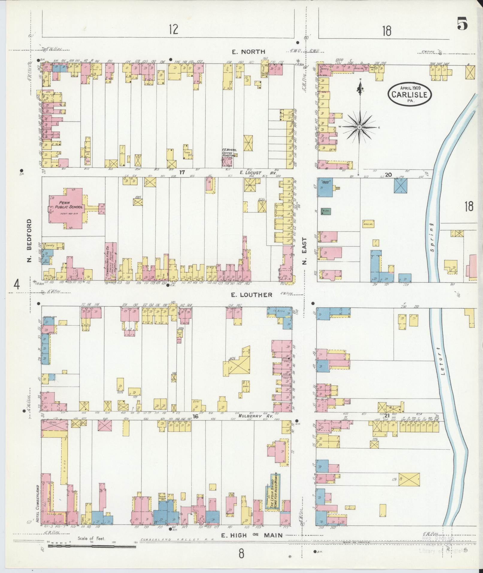 Sanborn Fire Insurance Map from Carlisle, Cumberland County, Pennsylvania (1909), Sheet #0005 - Historic Sanborn Fire Insurance Map Print, vintage old map wall art, antique decor, genealogy gift, Pennsylvania Pennsylvania map