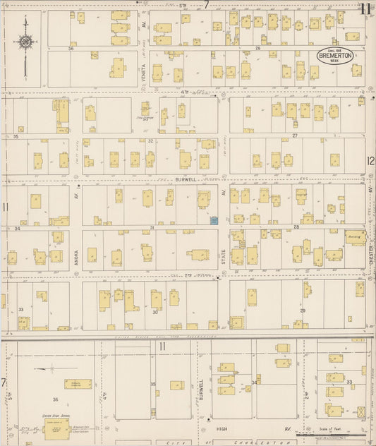 Sanborn Fire Insurance Map from Bremerton, Kitsap County, Washington (1918), Sheet #0011 - Historic Sanborn Fire Insurance Map Print, vintage old map wall art, antique decor, genealogy gift, Washington Washington map
