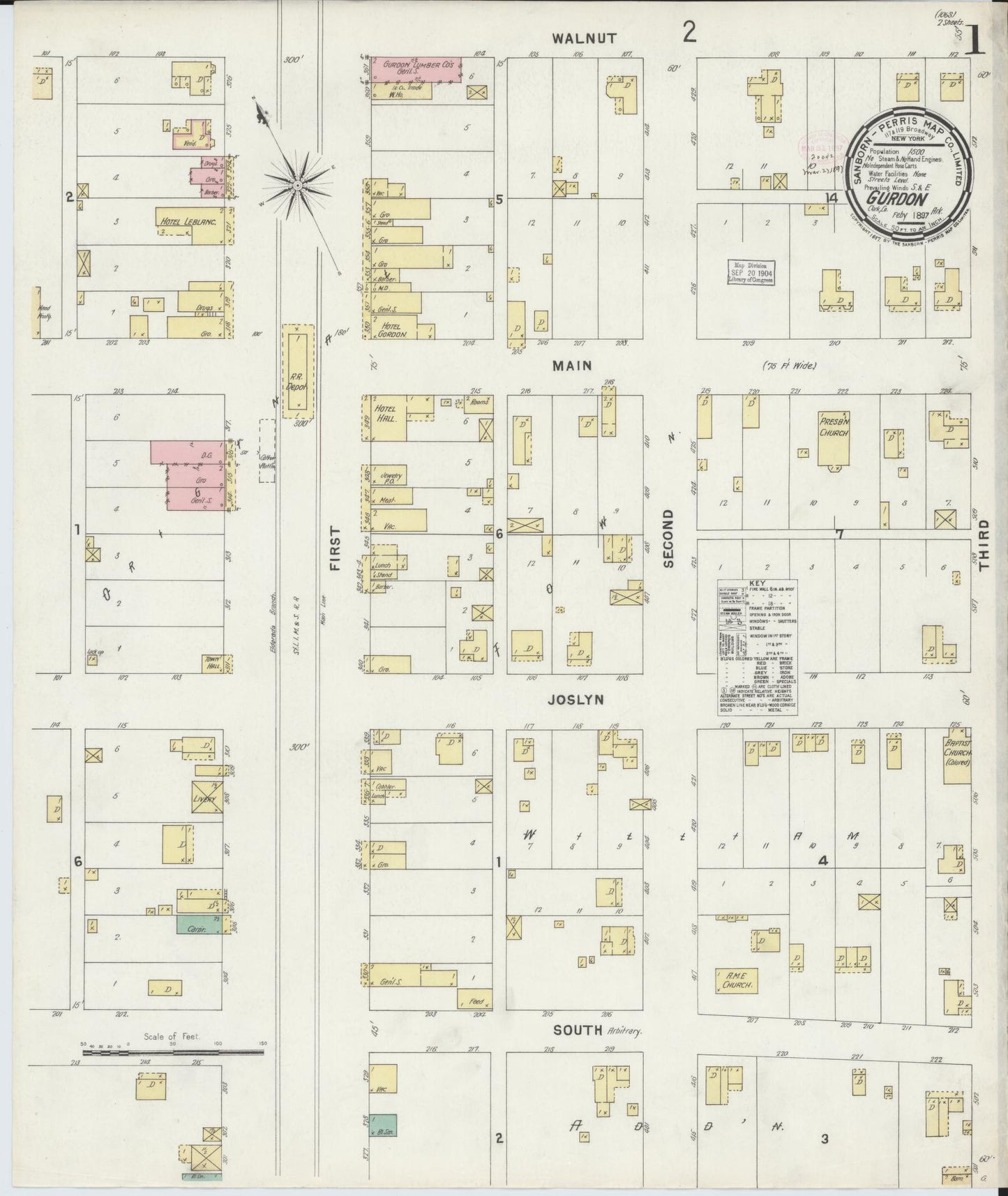 Sanborn Fire Insurance Map from Gurdon, Clark County, Arkansas (1897), Sheet #0001 - Historic Sanborn Fire Insurance Map Print, vintage old map wall art, antique decor, genealogy gift, Arkansas Arkansas map