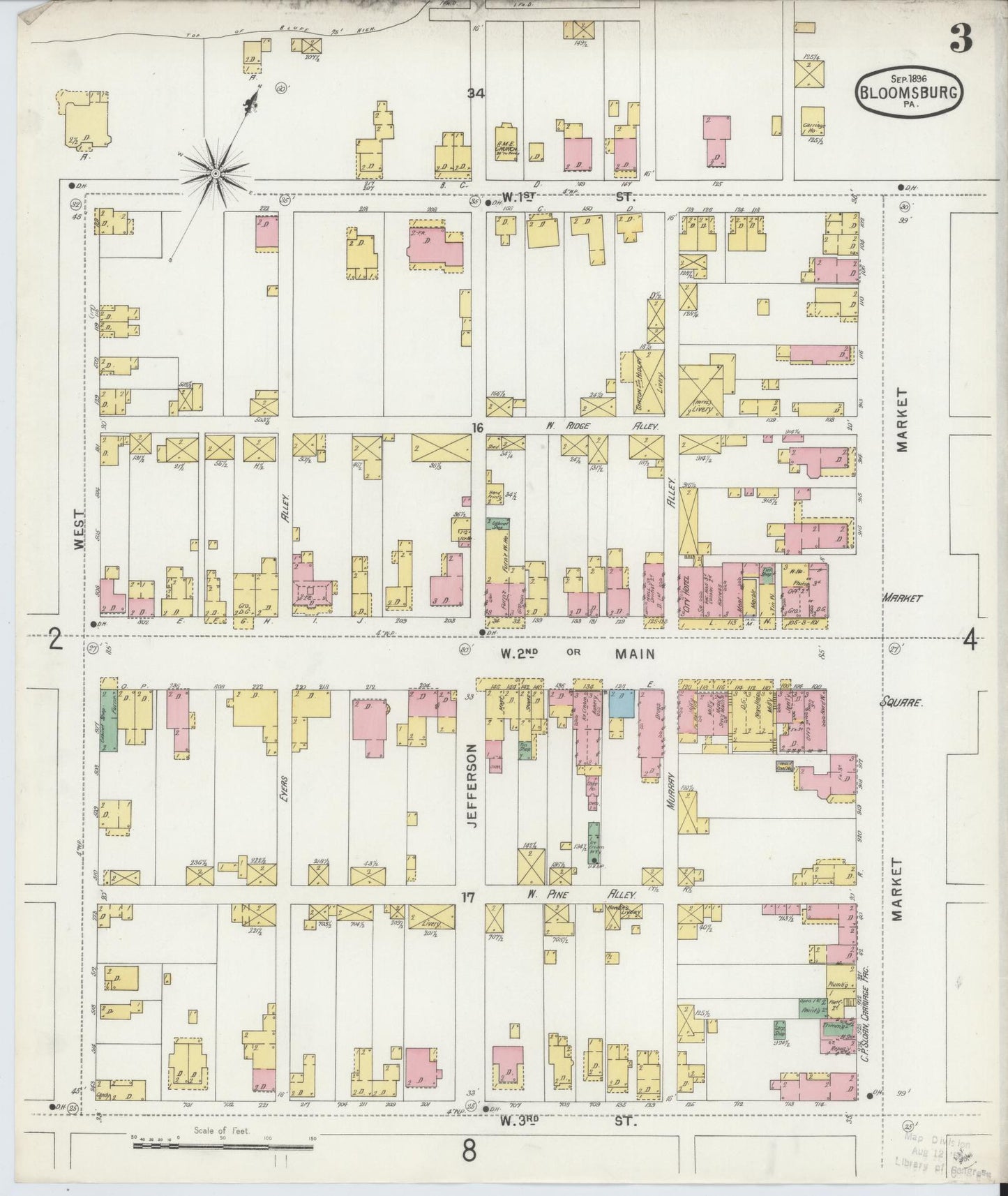 Sanborn Fire Insurance Map from Bloomsburg, Columbia County, Pennsylvania (1896), Sheet #0003 - Historic Sanborn Fire Insurance Map Print, vintage old map wall art, antique decor, genealogy gift, Pennsylvania Pennsylvania map