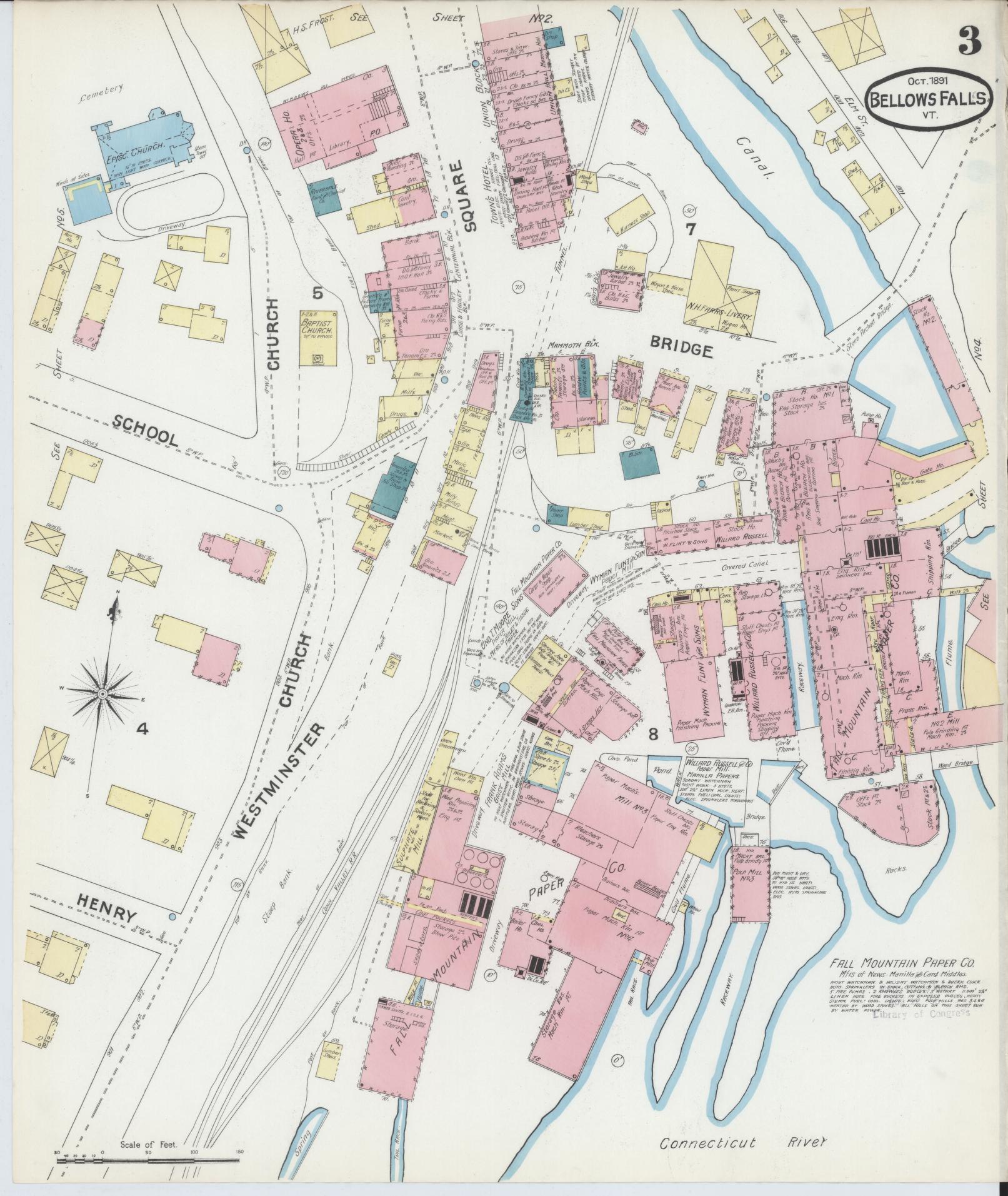 Sanborn Fire Insurance Map from Bellows Falls, Windham County, Vermont (1891), Sheet #0003 - Complete Map Set gallery image, historic Sanborn map, vintage wall art, Vermont Vermont