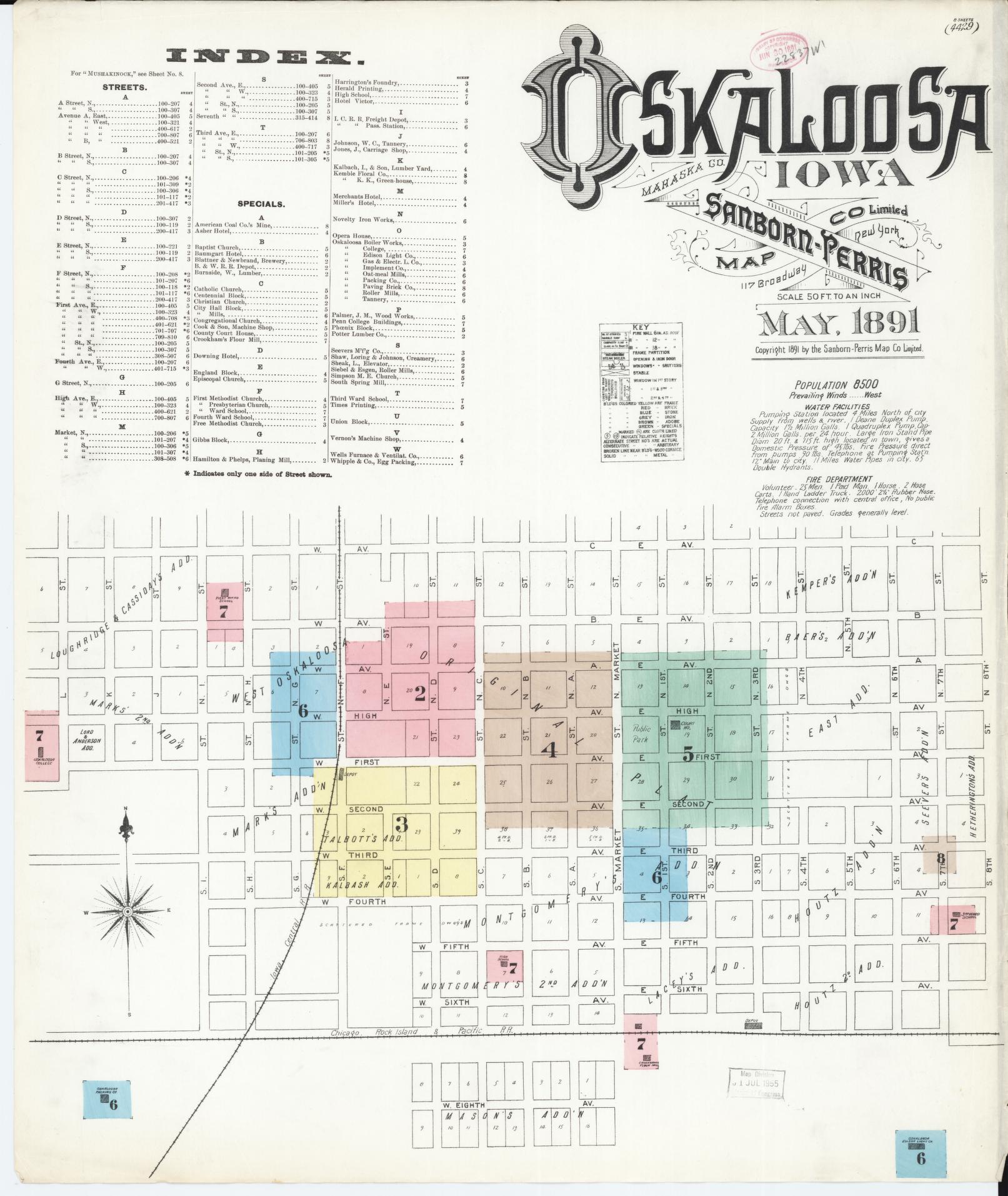 Sanborn Fire Insurance Map from Oskaloosa, Mahaska County, Iowa (1891), Sheet #0001 - Historic Sanborn Fire Insurance Map Print