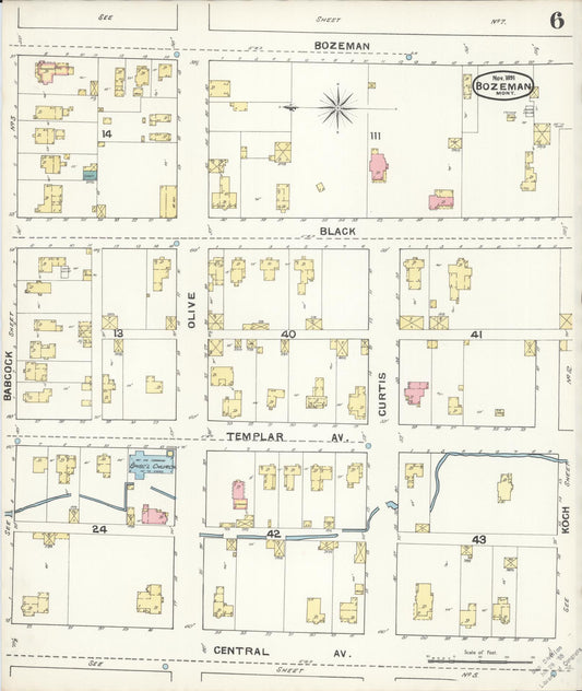 Sanborn Fire Insurance Map from Bozeman, Gallatin County, Montana (1891), Sheet #0006 - Historic Sanborn Fire Insurance Map Print, vintage old map wall art, antique decor, genealogy gift, Montana Montana map