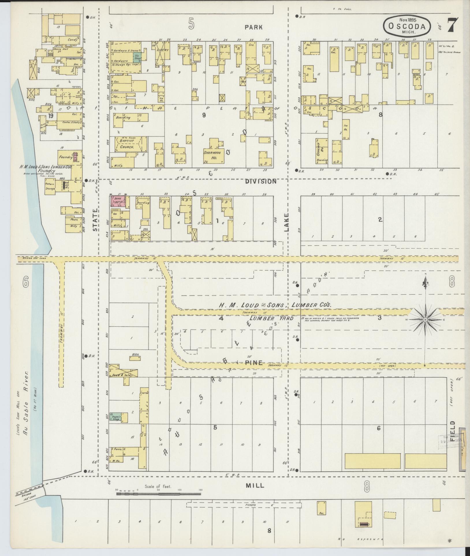 Sanborn Fire Insurance Map from Oscoda, Iosco County, Michigan (1895), Sheet #0007 - Historic Sanborn Fire Insurance Map Print, vintage old map wall art, antique decor, genealogy gift, Michigan Michigan map
