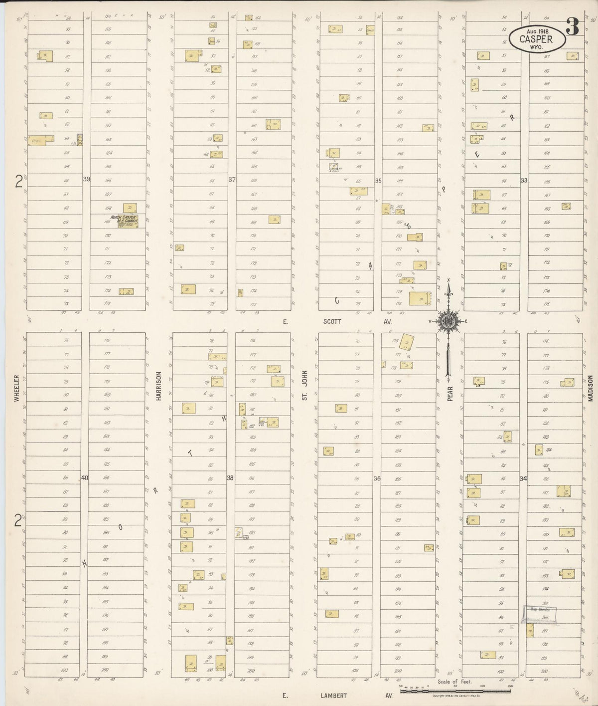 Sanborn Fire Insurance Map from Casper, Natrona County, Wyoming (1918), Sheet #0003 - Complete Map Set gallery image, historic Sanborn map, vintage wall art, Wyoming Wyoming