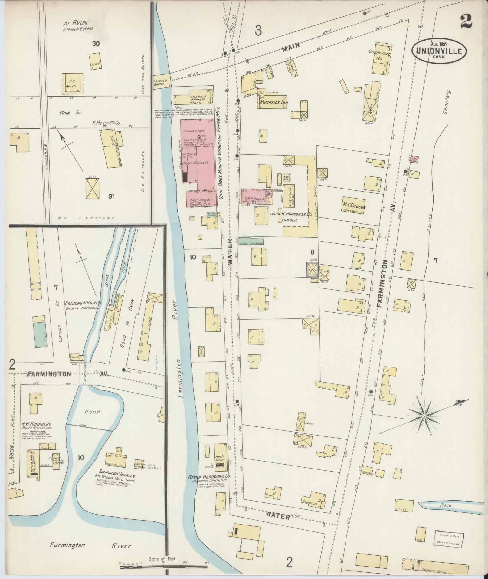 Sanborn Fire Insurance Map from Unionville, Hartford County, Connecticut (1897), Sheet #0002 - Historic Sanborn Fire Insurance Map Print, vintage old map wall art, antique decor, genealogy gift, Connecticut Connecticut map