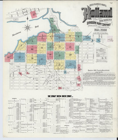 Sanborn Fire Insurance Map from Holland, Ottawa County, Michigan (1908), Sheet #0001 - Historic Sanborn Fire Insurance Map Print, vintage old map wall art, antique decor, genealogy gift, Michigan Michigan map
