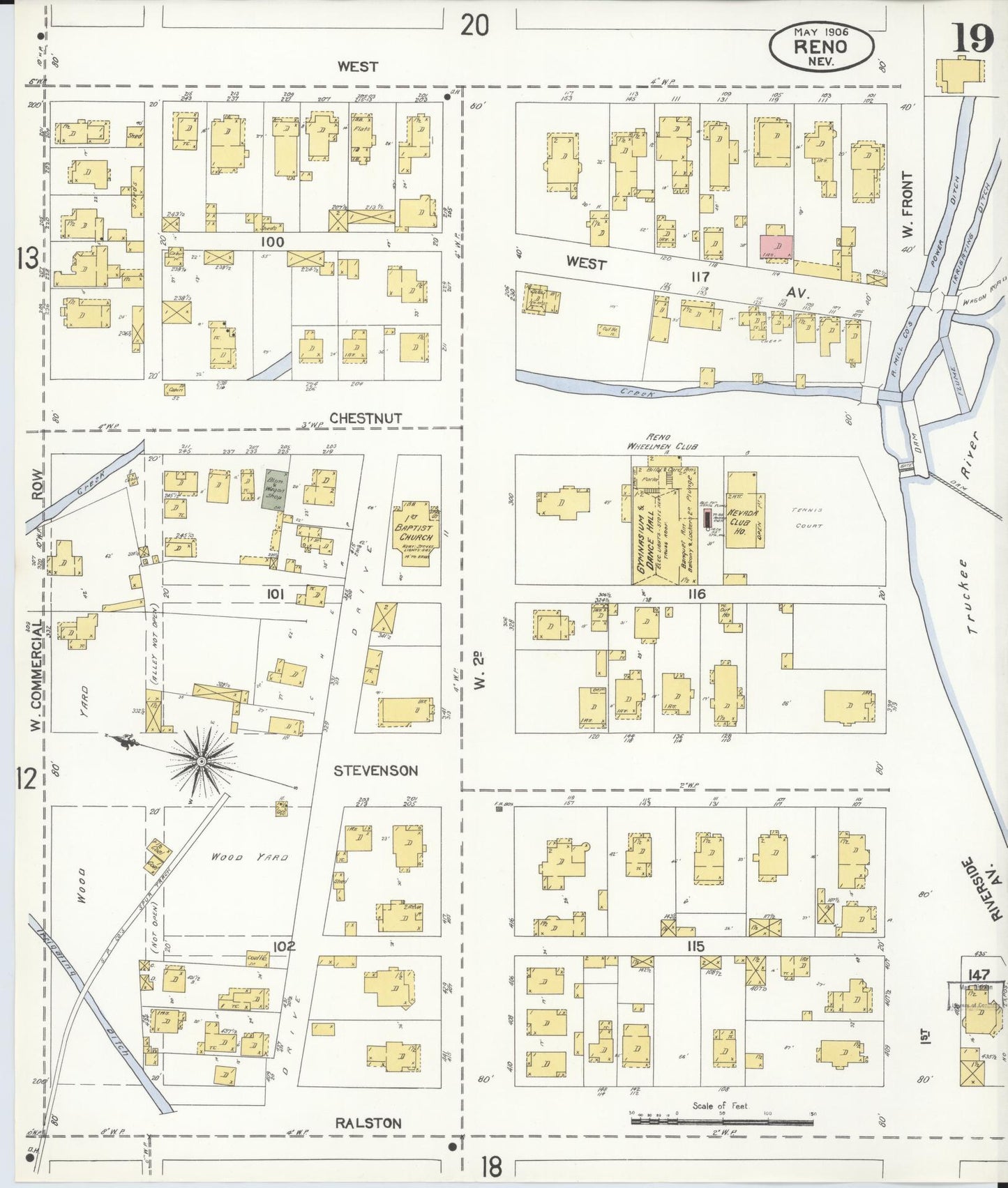 Sanborn Fire Insurance Map from Reno, Washoe County, Nevada (1906), Sheet #0019 - Historic Sanborn Fire Insurance Map Print, vintage old map wall art, antique decor, genealogy gift, Nevada Nevada map