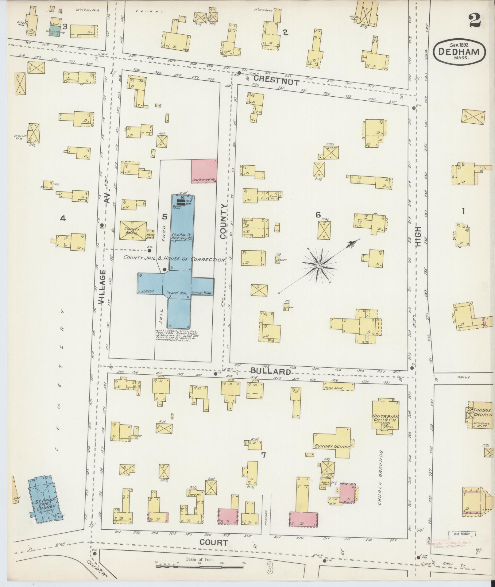 Sanborn Fire Insurance Map from Dedham, Norfolk County, Massachusetts (1892), Sheet #0002 - Historic Sanborn Fire Insurance Map Print, vintage old map wall art, antique decor, genealogy gift, Massachusetts Massachusetts map