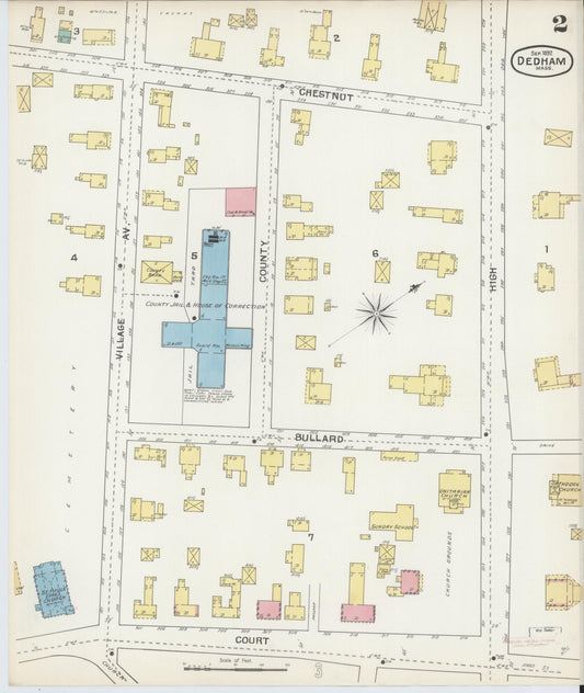 Sanborn Fire Insurance Map from Dedham, Norfolk County, Massachusetts (1892), Sheet #0002 - Historic Sanborn Fire Insurance Map Print, vintage old map wall art, antique decor, genealogy gift, Massachusetts Massachusetts map