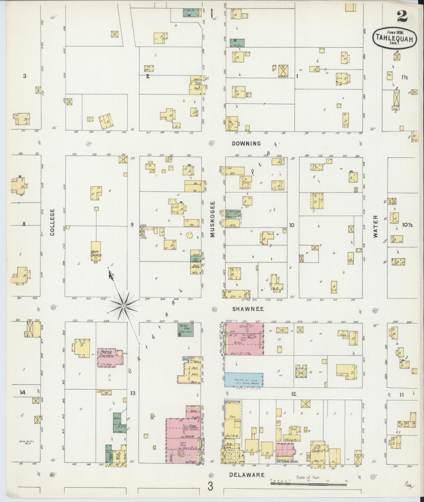 Sanborn Fire Insurance Map from Tahlequah, Cherokee County, Oklahoma (1896), Sheet #0002 - Complete Map Set gallery image, historic Sanborn map, vintage wall art, Oklahoma Oklahoma