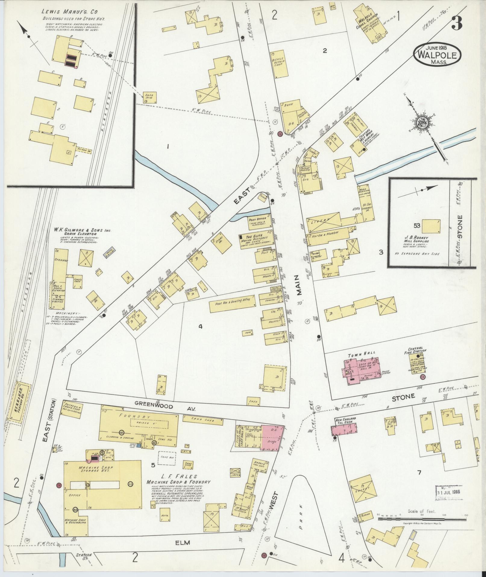 Sanborn Fire Insurance Map from Walpole, Norfolk County, Massachusetts (1918), Sheet #0003 - Historic Sanborn Fire Insurance Map Print, vintage old map wall art, antique decor, genealogy gift, Massachusetts Massachusetts map