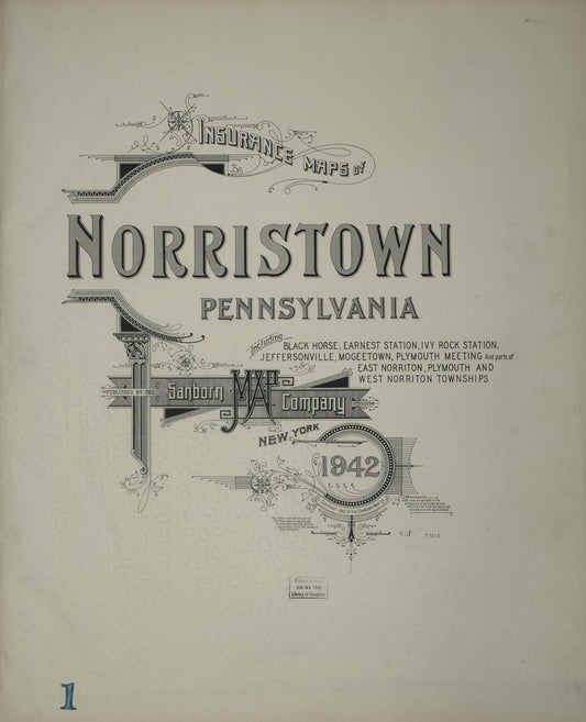 Sanborn Fire Insurance Map from Norristown, Montgomery County, Pennsylvania (1942), Sheet #0001 - Historic Sanborn Fire Insurance Map Print, vintage old map wall art, antique decor, genealogy gift, Pennsylvania Pennsylvania map