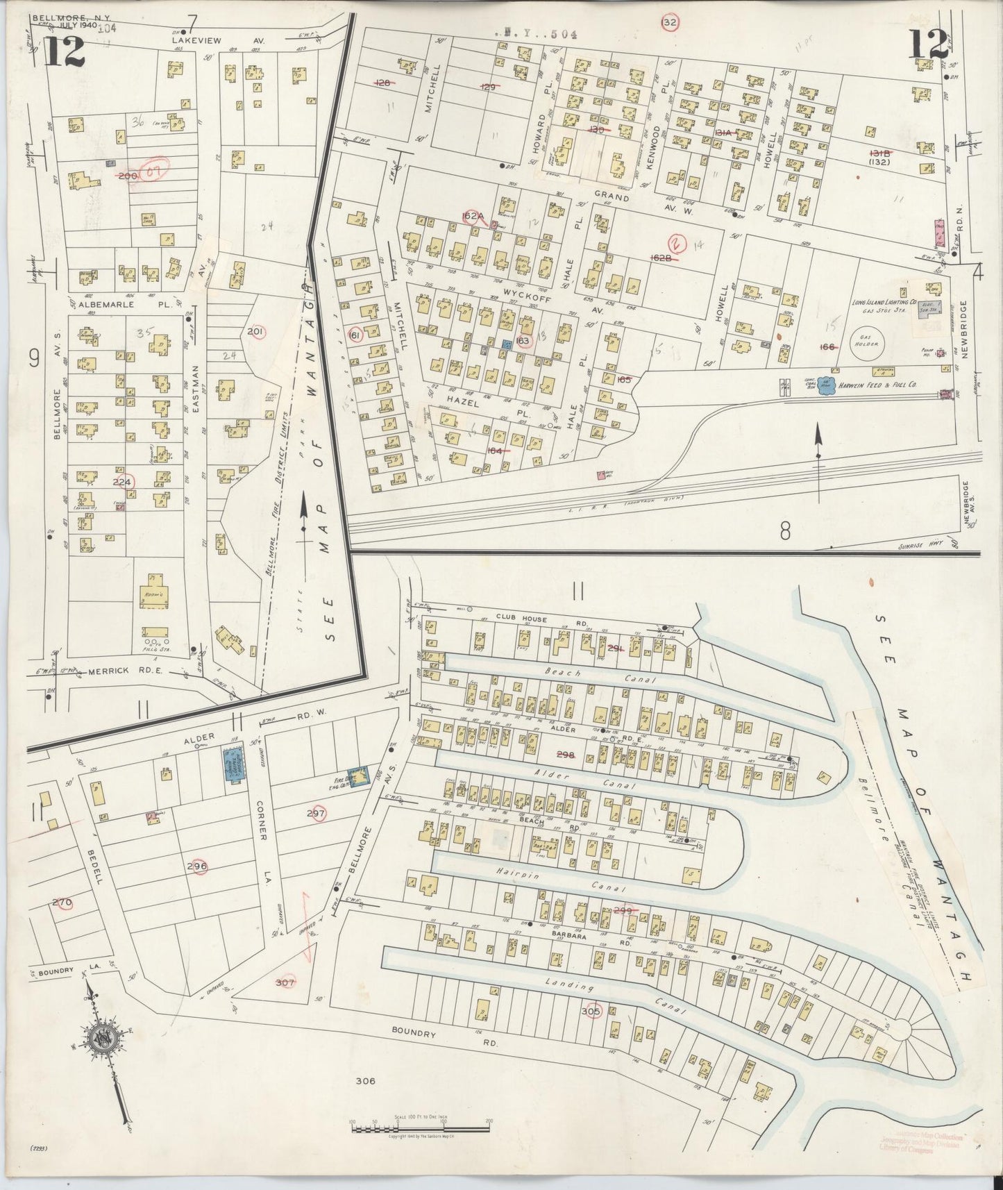 Sanborn Fire Insurance Map from Bellmore, Nassau County, New York (1945), Sheet #0012 - Historic Sanborn Fire Insurance Map Print, vintage old map wall art, antique decor, genealogy gift, New York New York map