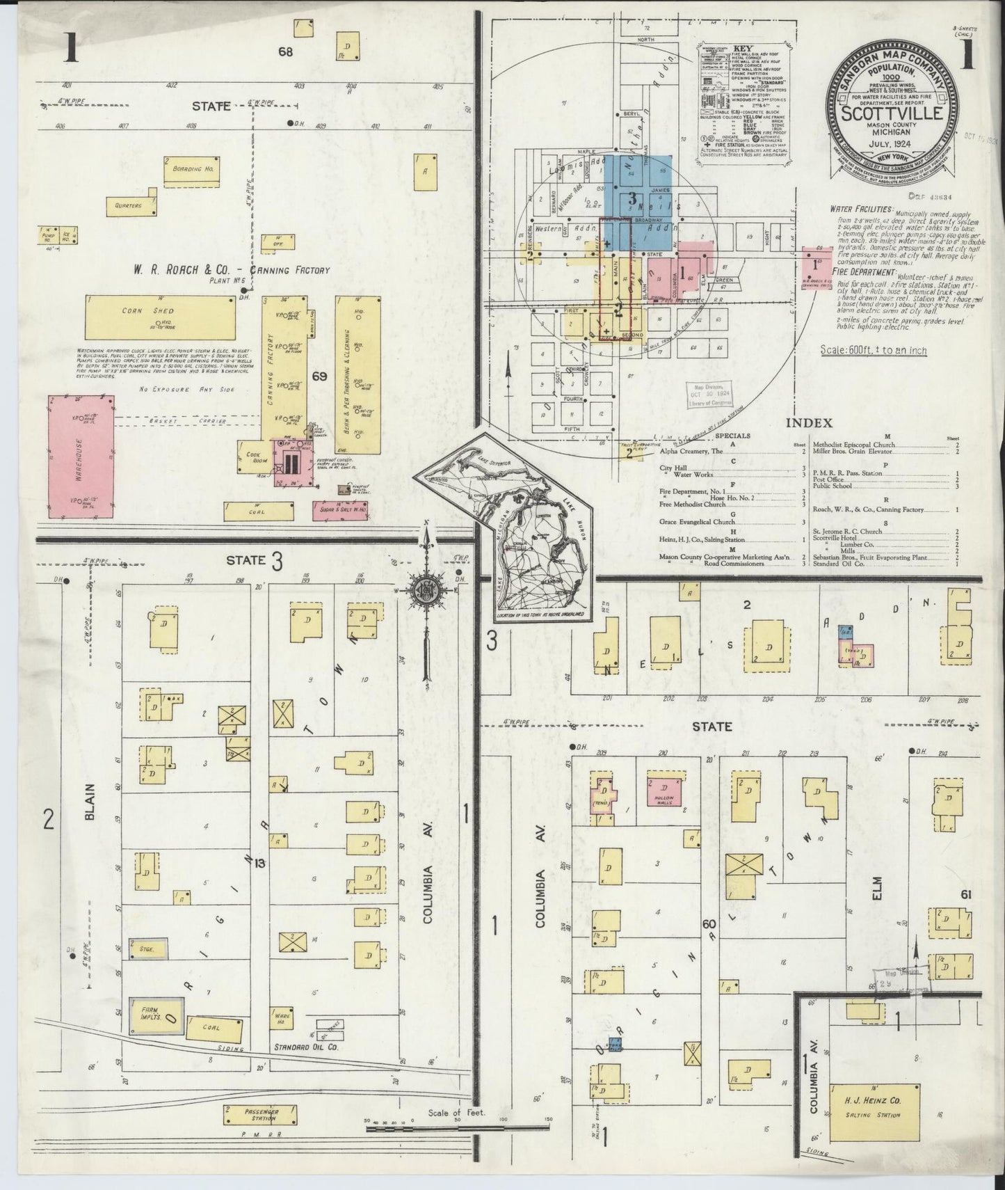 Sanborn Fire Insurance Map from Scottville, Mason County, Michigan (1924), Sheet #0001 - Historic Sanborn Fire Insurance Map Print, vintage old map wall art, antique decor, genealogy gift, Michigan Michigan map
