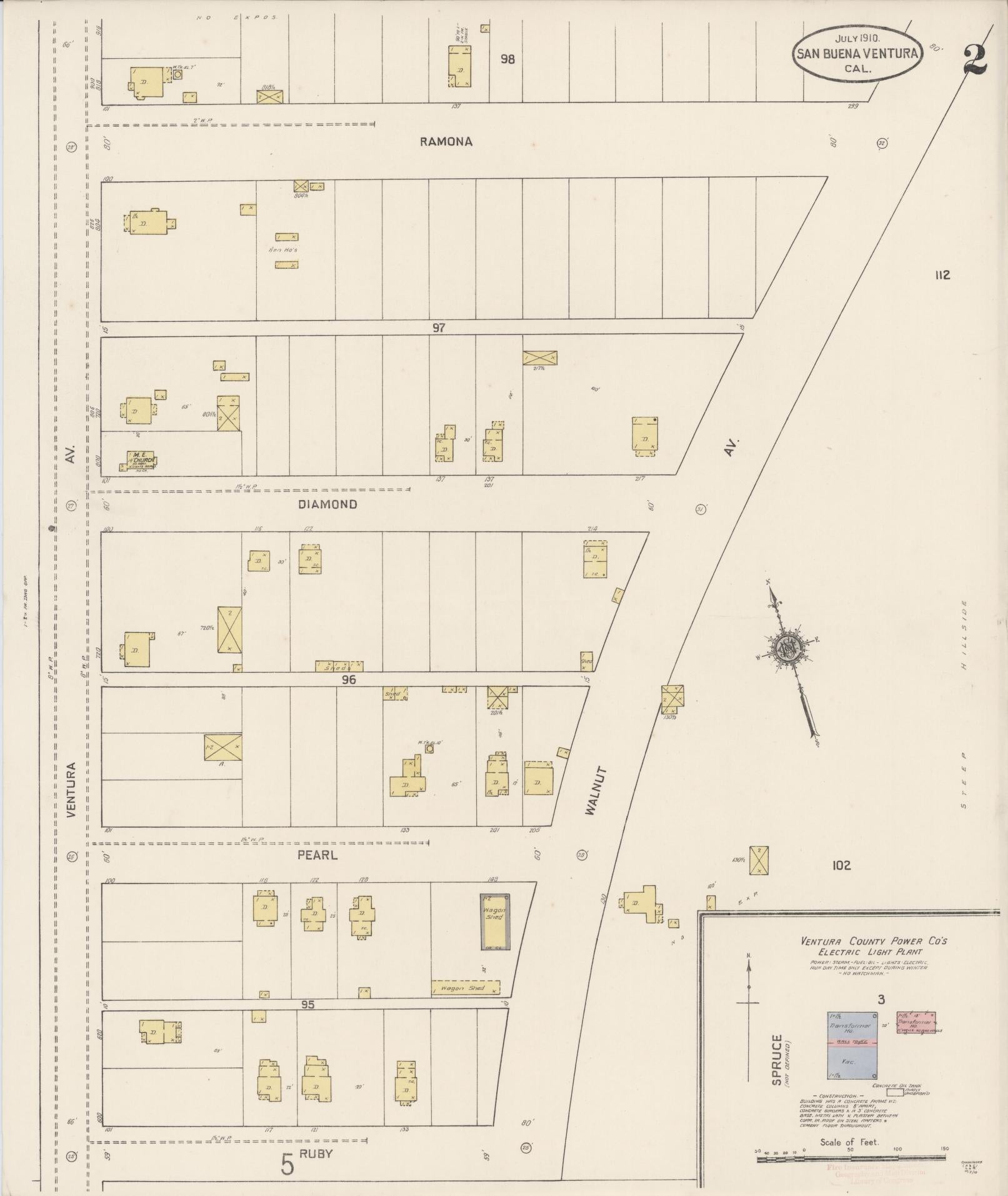 Sanborn Fire Insurance Map from San Buenaventura, Ventura County, California (1910), Sheet #0002 - Complete Map Set gallery image, historic Sanborn map, vintage wall art, California California