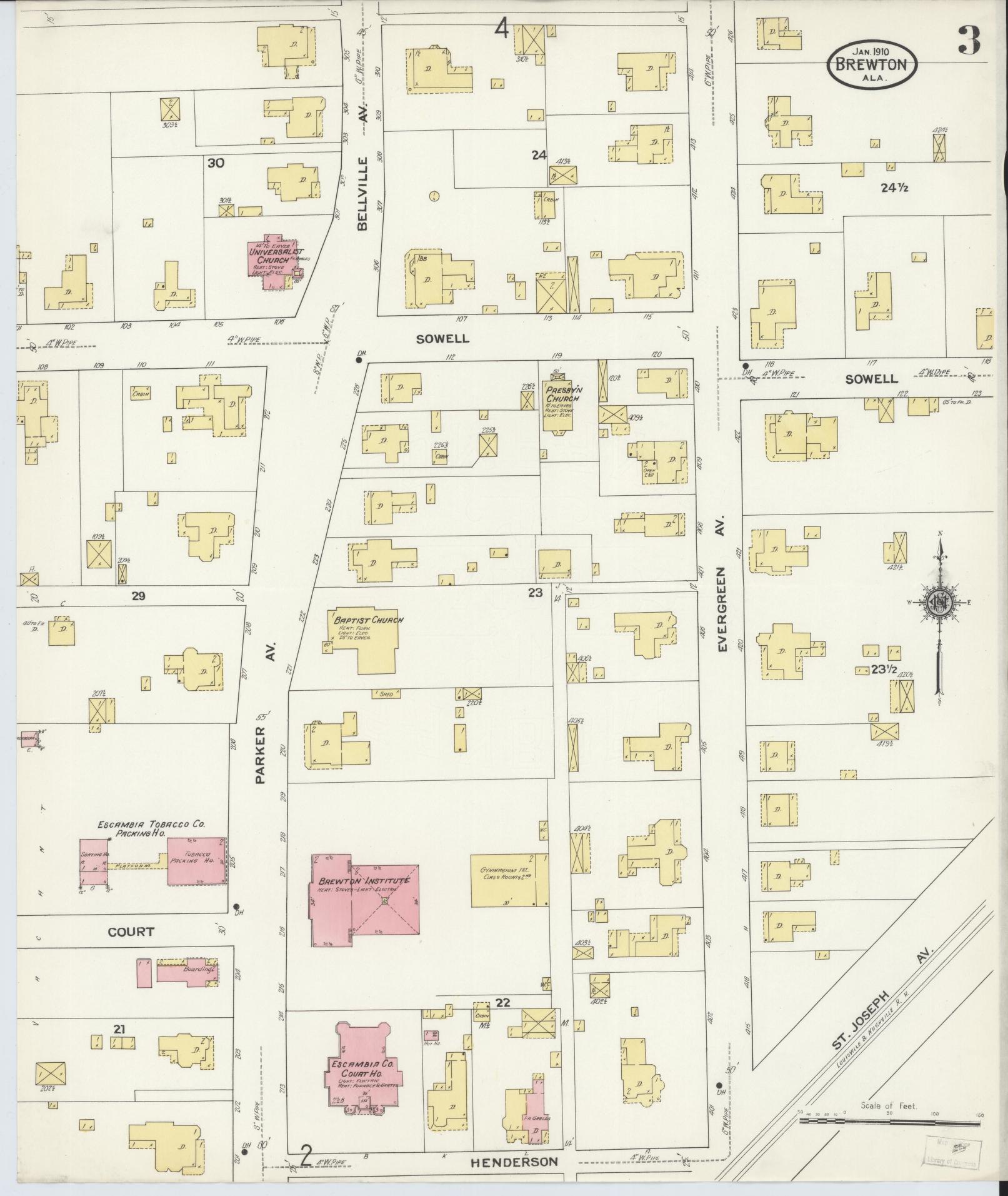 Sanborn Fire Insurance Map from Brewton, Escambia County, Alabama (1910), Sheet #0003 - Historic Sanborn Fire Insurance Map Print, vintage old map wall art, antique decor, genealogy gift, Alabama Alabama map