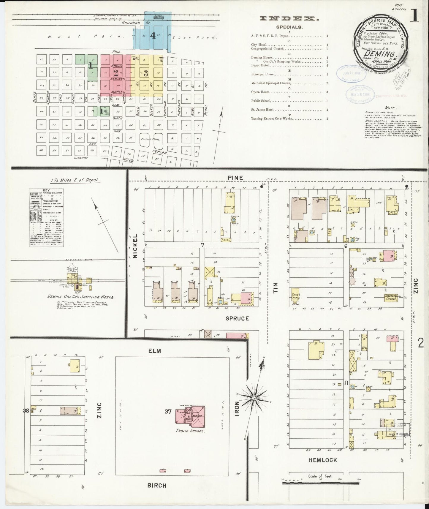 Sanborn Fire Insurance Map from Deming, Luna County, New Mexico (1898), Sheet #0001 - Historic Sanborn Fire Insurance Map Print, vintage old map wall art, antique decor, genealogy gift, New Mexico New Mexico map
