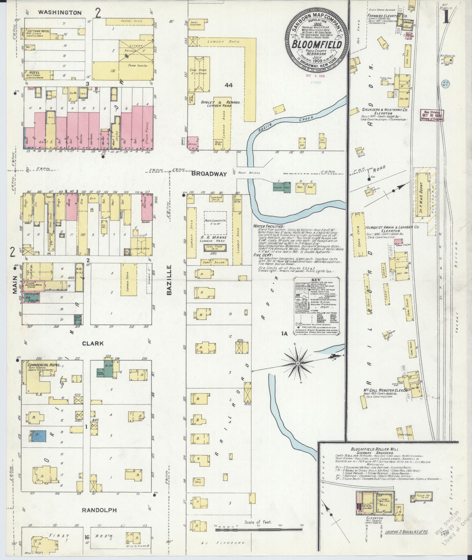 Sanborn Fire Insurance Map from Bloomfield, Knox County, Nebraska (1909), Sheet #0001 - Historic Sanborn Fire Insurance Map Print, vintage old map wall art, antique decor, genealogy gift, Nebraska Nebraska map