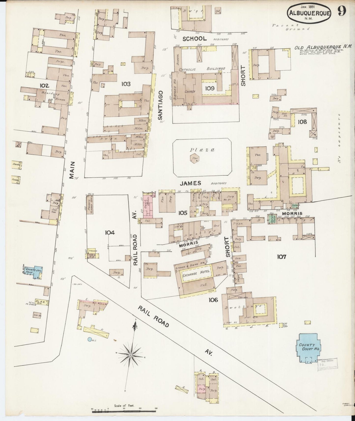 Sanborn Fire Insurance Map from Albuquerque, Bernalillo County, New Mexico (1891), Sheet #0009 - Historic Sanborn Fire Insurance Map Print, vintage old map wall art, antique decor, genealogy gift, New Mexico New Mexico map