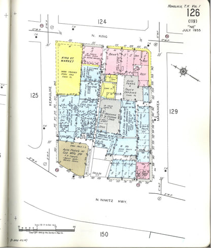 Sanborn Fire Insurance Map from Honolulu, Oahu County, Hawaii (1955), Sheet #0126 - Historic Sanborn Fire Insurance Map Print, vintage old map wall art