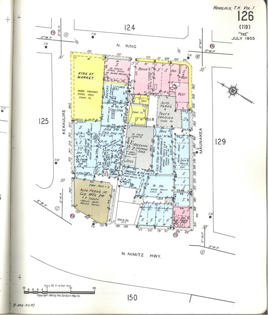 Sanborn Fire Insurance Map from Honolulu, Oahu County, Hawaii (1955), Sheet #0126 - Historic Sanborn Fire Insurance Map Print, vintage old map wall art