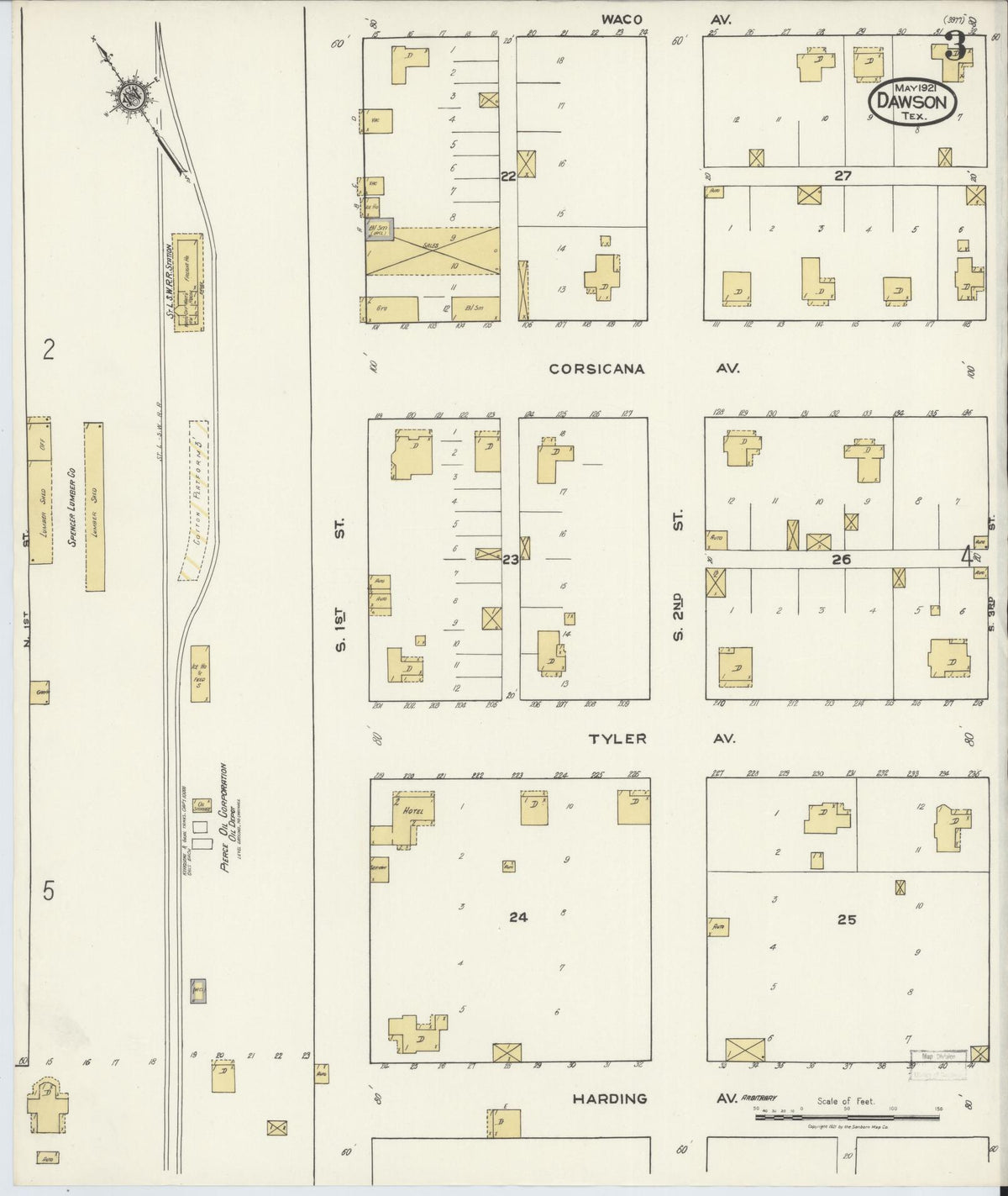 Sanborn Fire Insurance Map from Dawson, Navarro County, Texas (1921), Sheet #0003 - Complete Map Set gallery image, historic Sanborn map, vintage wall art, Texas Texas