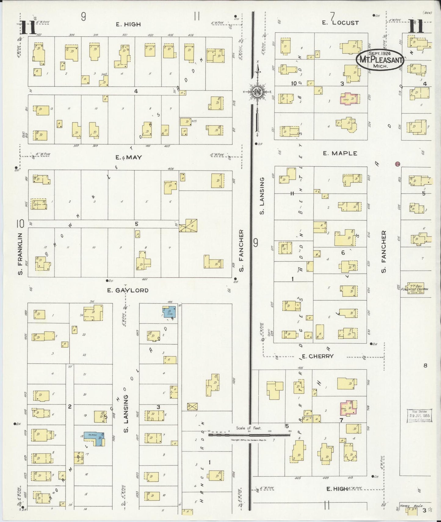Sanborn Fire Insurance Map from Mount Pleasant, Isabella County, Michigan (1924), Sheet #0011 - Complete Map Set gallery image, historic Sanborn map, vintage wall art, Michigan Michigan