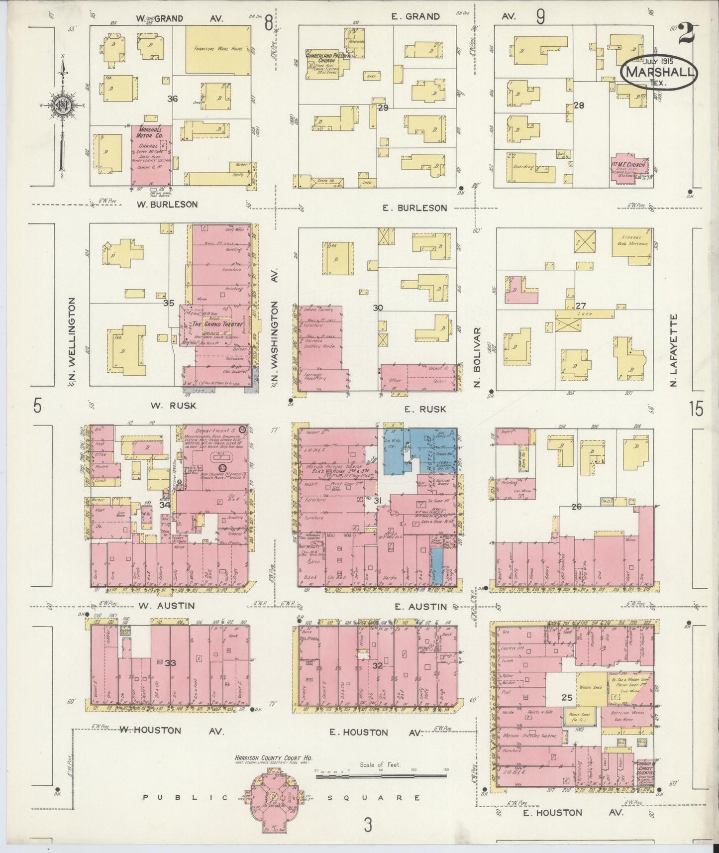 Sanborn Fire Insurance Map from Marshall, Harrison County, Texas (1915), Sheet #0002 - Complete Map Set gallery image, historic Sanborn map, vintage wall art, Texas Texas
