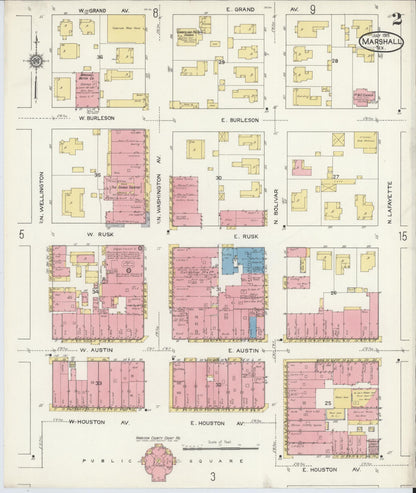 Sanborn Fire Insurance Map from Marshall, Harrison County, Texas (1915), Sheet #0002 - Complete Map Set gallery image, historic Sanborn map, vintage wall art, Texas Texas
