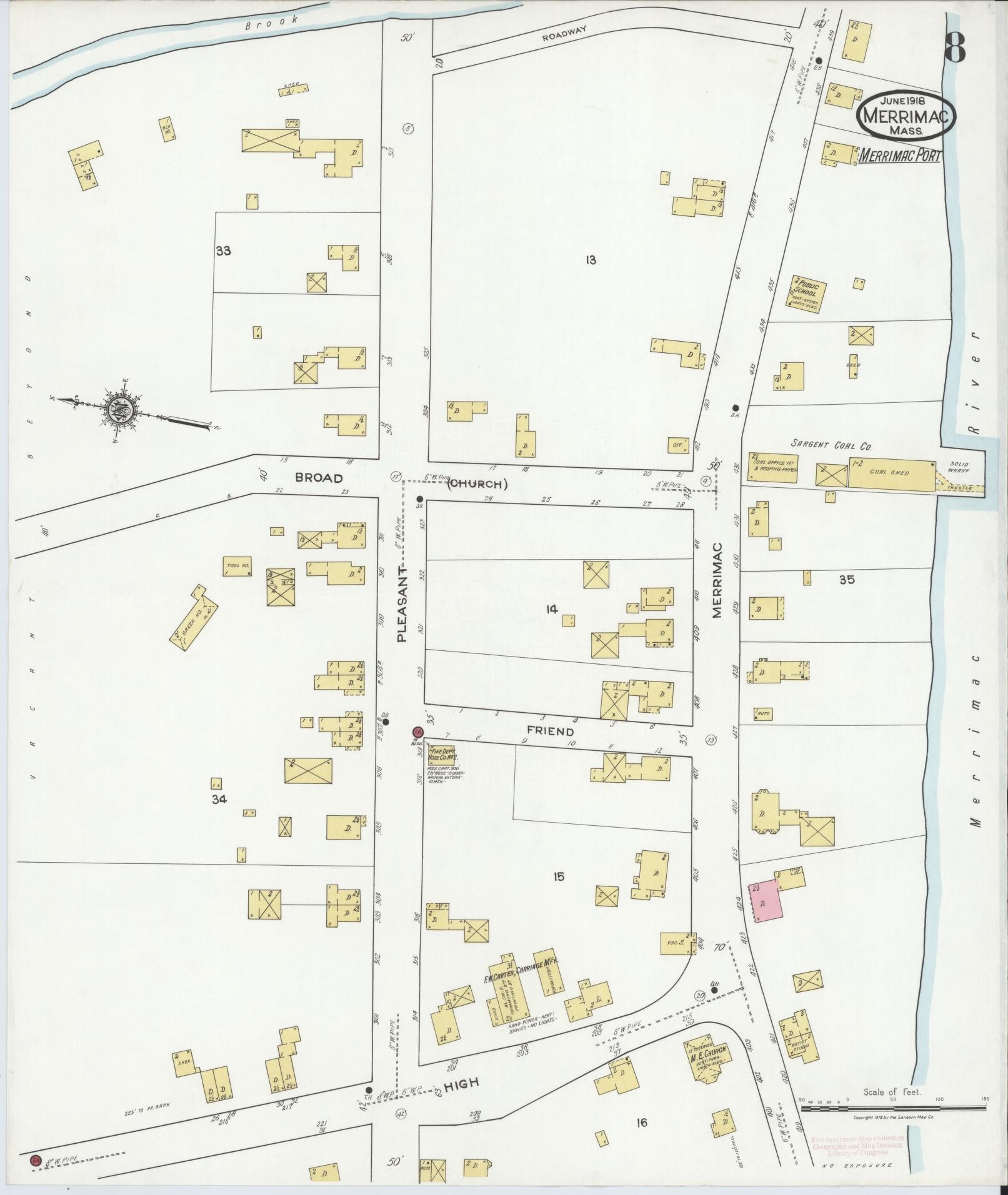 Sanborn Fire Insurance Map from Merrimac, Essex County, Massachusetts (1918), Sheet #0008 - Historic Sanborn Fire Insurance Map Print, vintage old map wall art, antique decor, genealogy gift, Massachusetts Massachusetts map