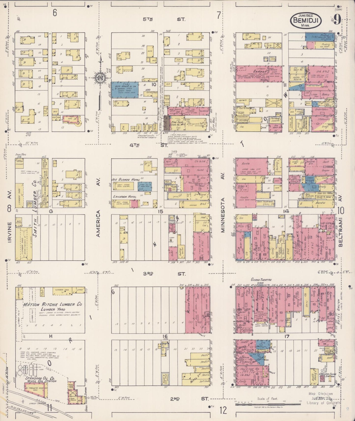 Sanborn Fire Insurance Map from Bemidji, Beltrami County, Minnesota (1922), Sheet #0009 - Complete Map Set gallery image, historic Sanborn map, vintage wall art, Minnesota Minnesota