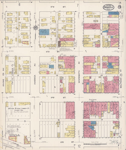 Sanborn Fire Insurance Map from Bemidji, Beltrami County, Minnesota (1922), Sheet #0009 - Complete Map Set gallery image, historic Sanborn map, vintage wall art, Minnesota Minnesota