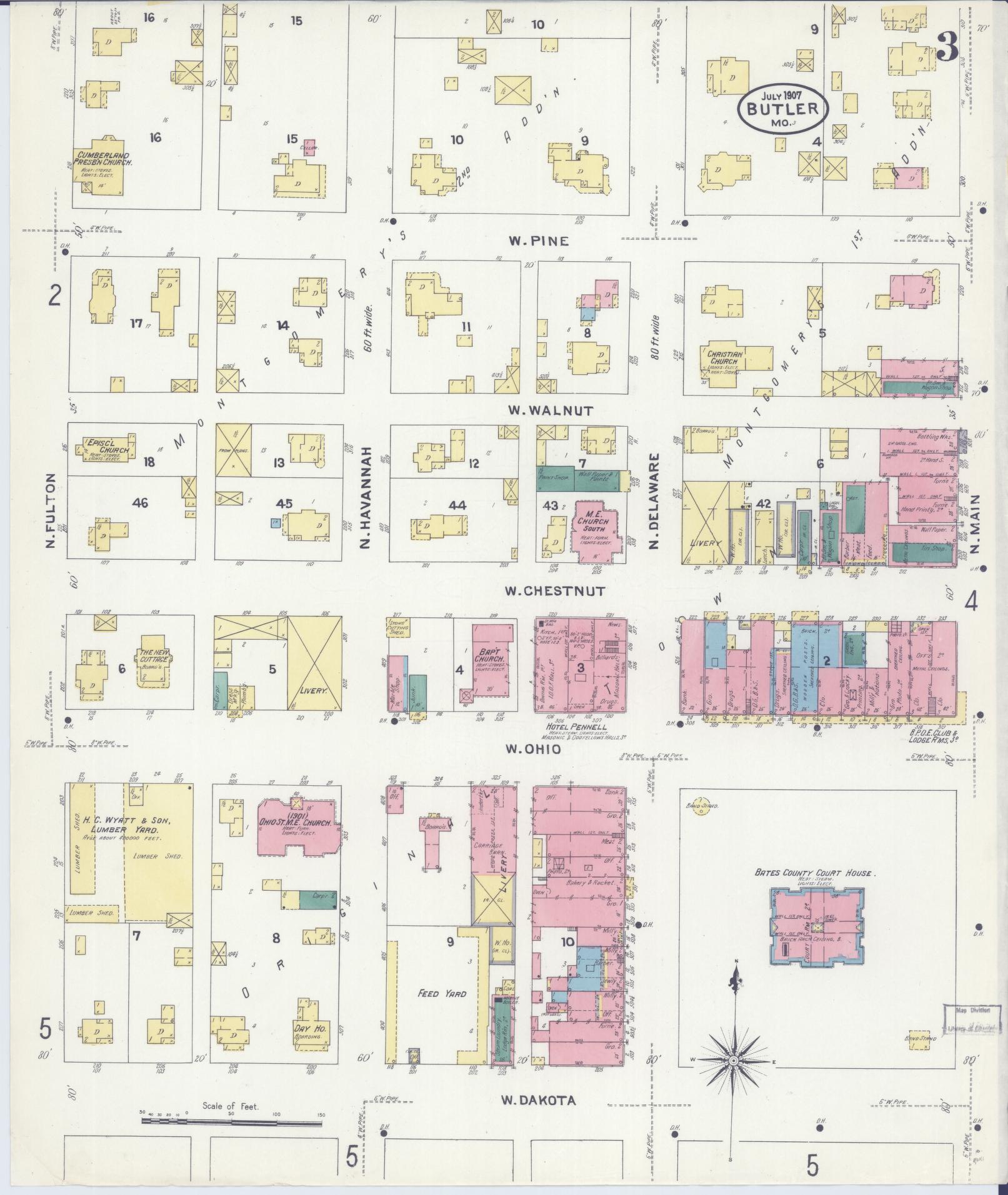 Sanborn Fire Insurance Map from Butler, Bates County, Missouri (1907), Sheet #0003 - Complete Map Set gallery image, historic Sanborn map, vintage wall art, Missouri Missouri