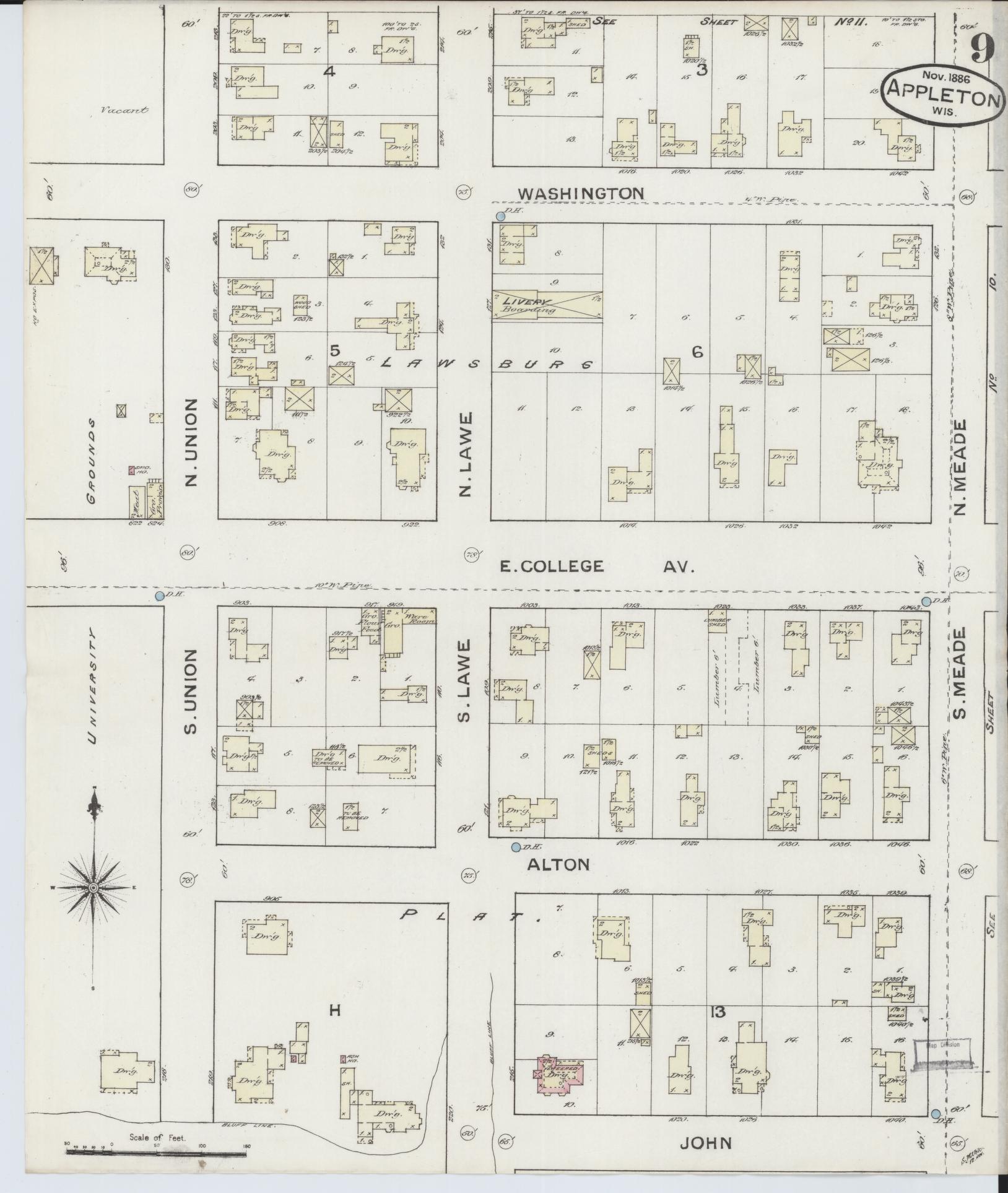 Sanborn Fire Insurance Map from Appleton, Outagamie County, Wisconsin (1886), Sheet #0009 - Complete Map Set gallery image, historic Sanborn map, vintage wall art, Wisconsin Wisconsin