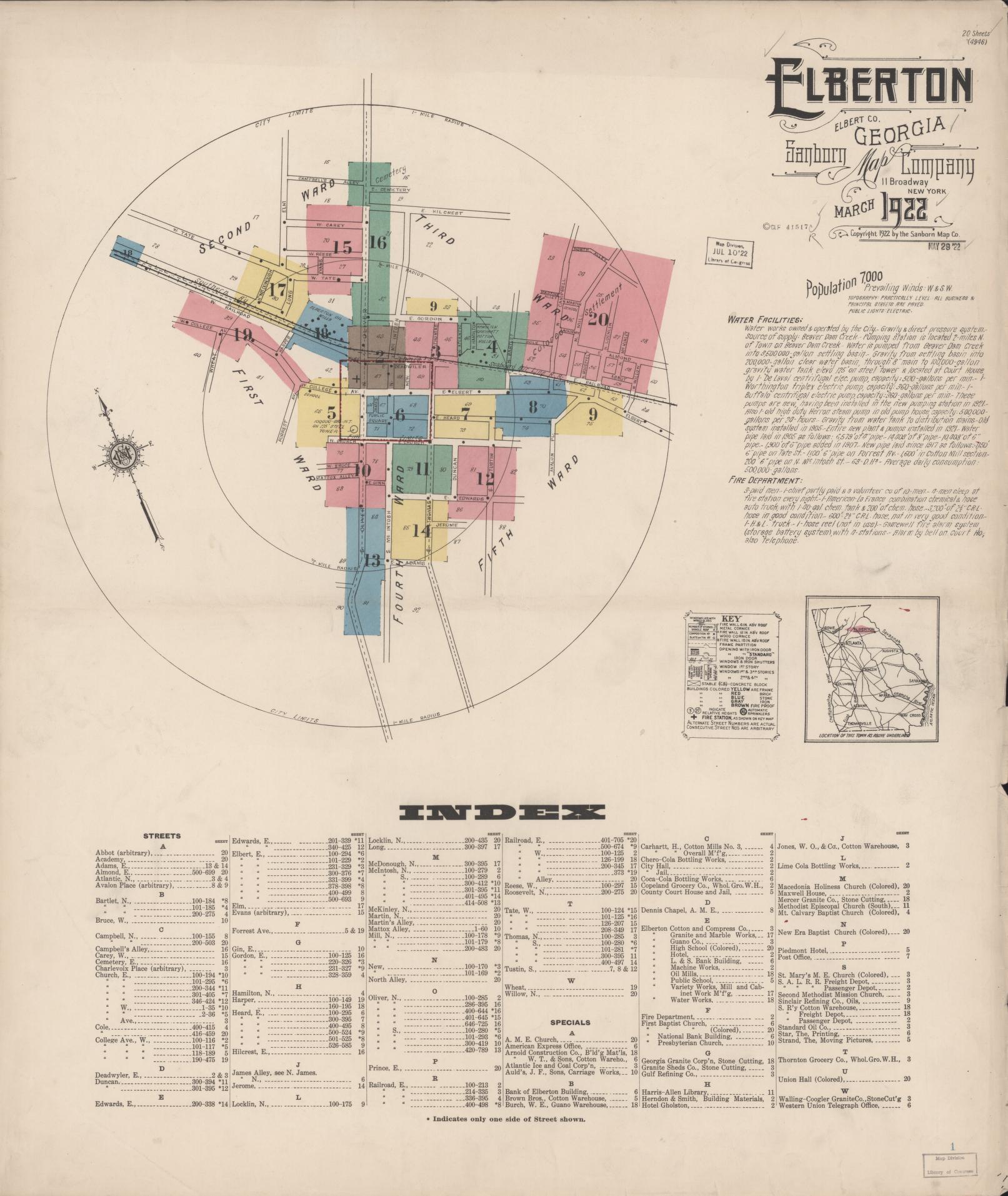 Sanborn Fire Insurance Map from Elberton, Elbert County, Georgia (1922), Sheet #0001 - Complete Map Set gallery image, historic Sanborn map, vintage wall art, Georgia Georgia