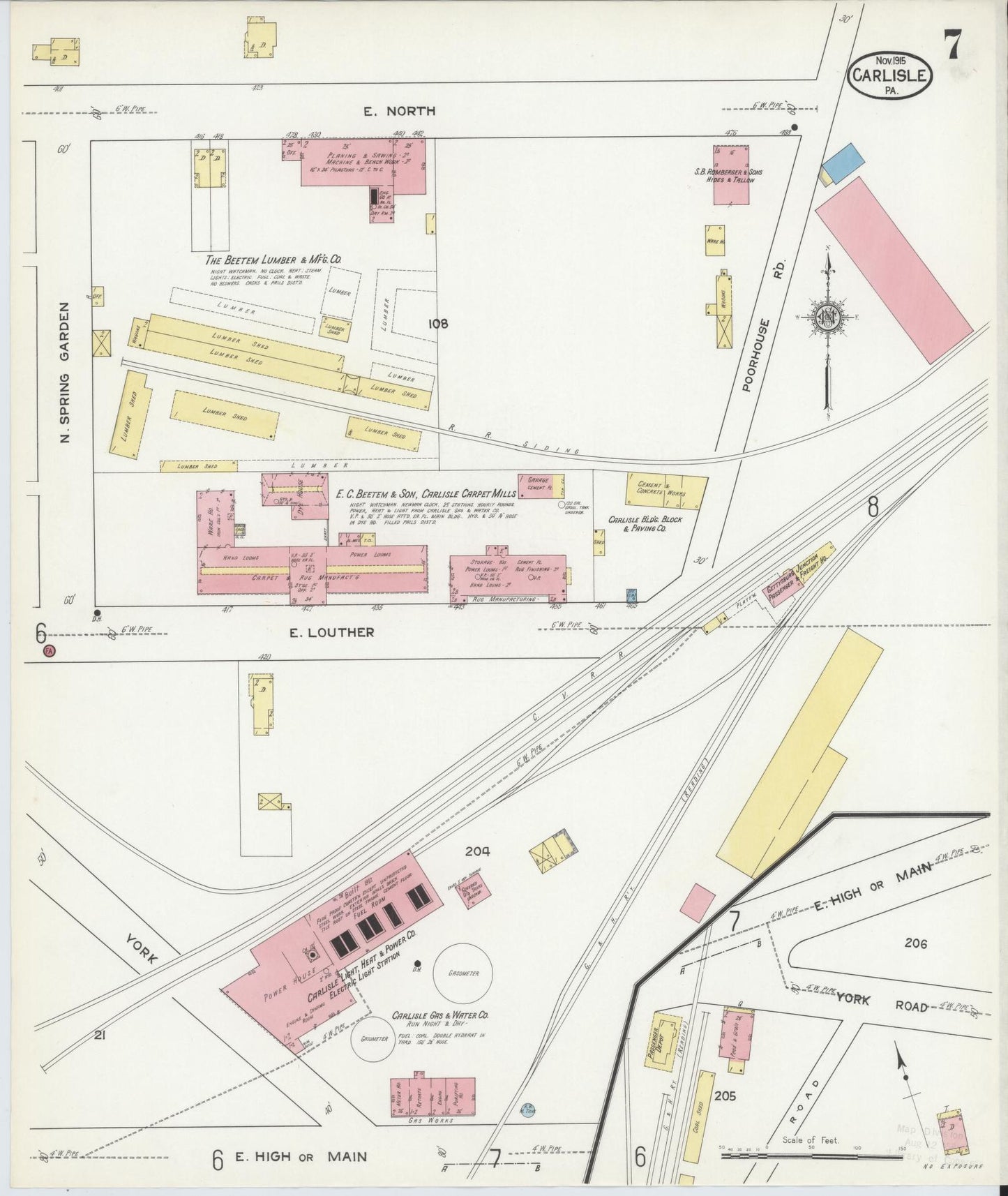 Sanborn Fire Insurance Map from Carlisle, Cumberland County, Pennsylvania (1915), Sheet #0007 - Historic Sanborn Fire Insurance Map Print, vintage old map wall art, antique decor, genealogy gift, Pennsylvania Pennsylvania map