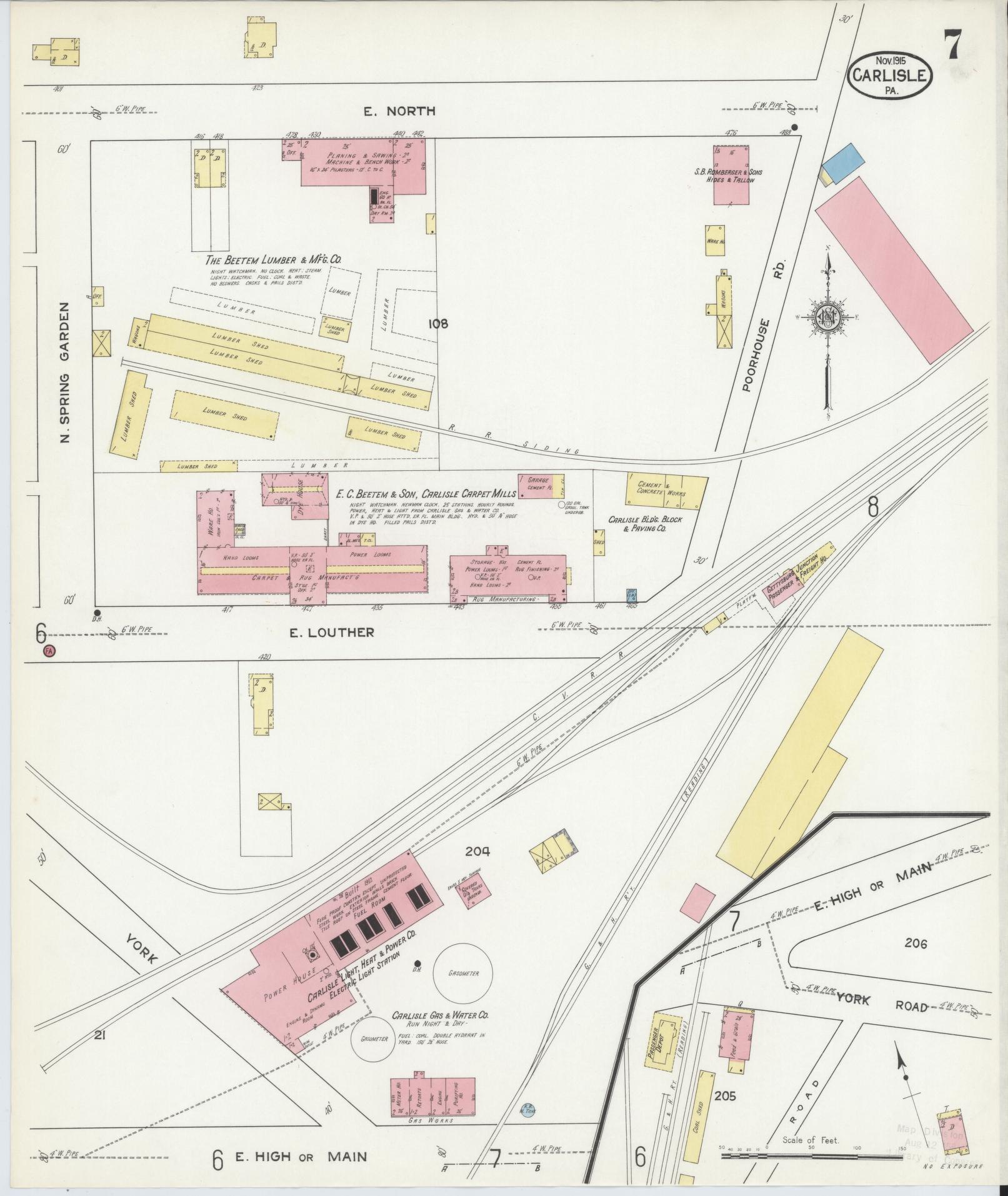 Sanborn Fire Insurance Map from Carlisle, Cumberland County, Pennsylvania (1915), Sheet #0007 - Historic Sanborn Fire Insurance Map Print, vintage old map wall art, antique decor, genealogy gift, Pennsylvania Pennsylvania map