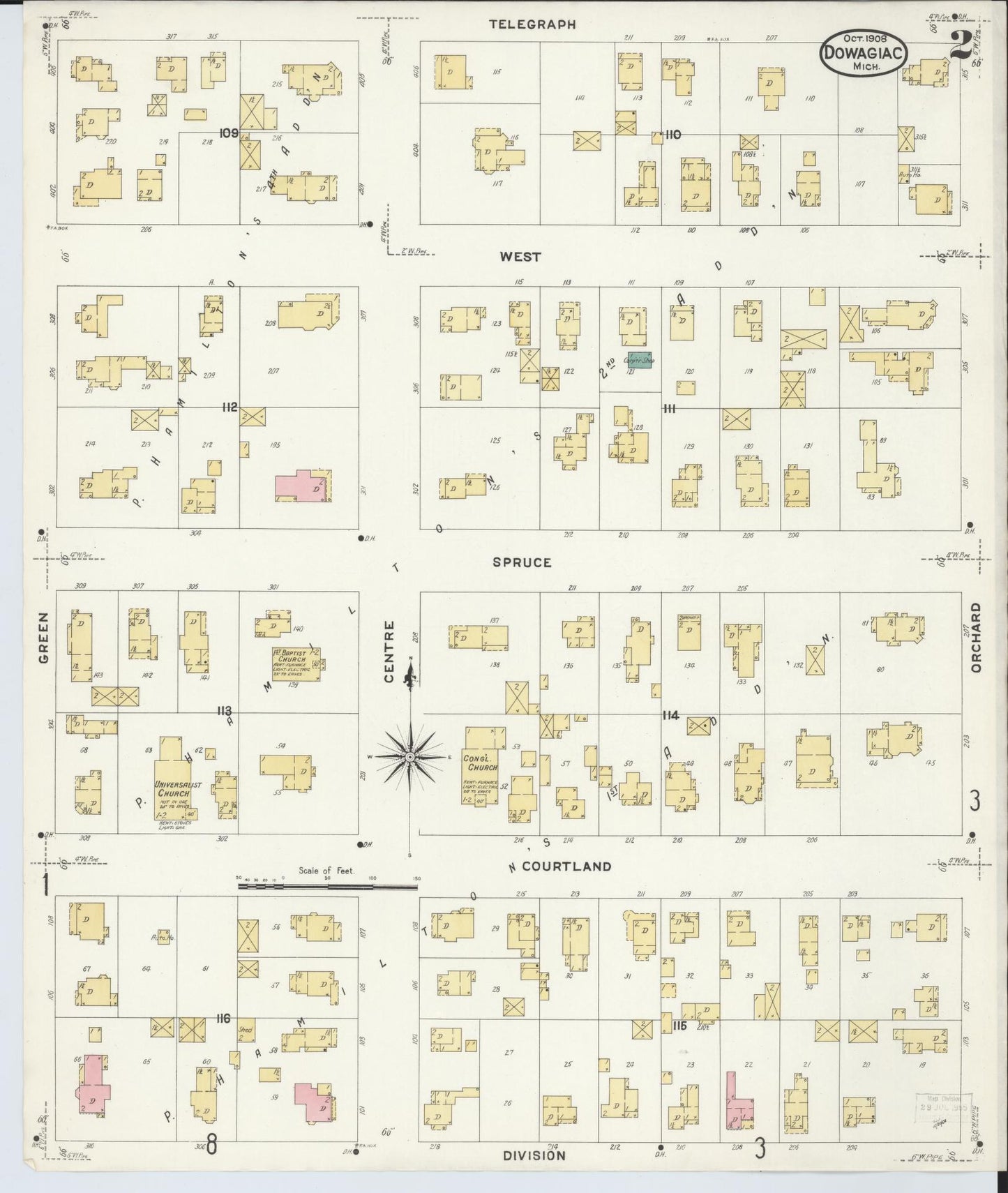 Sanborn Fire Insurance Map from Dowagiac, Cass County, Michigan (1908), Sheet #0002 - Historic Sanborn Fire Insurance Map Print, vintage old map wall art, antique decor, genealogy gift, Michigan Michigan map