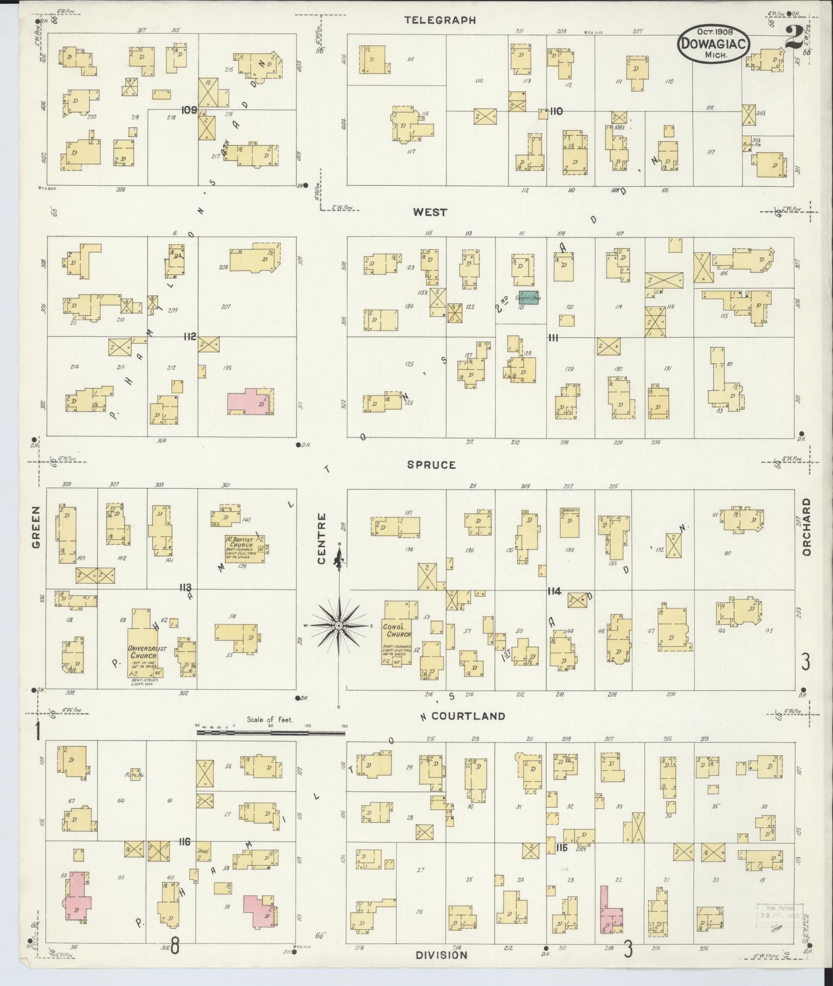 Sanborn Fire Insurance Map from Dowagiac, Cass County, Michigan (1908), Sheet #0002 - Historic Sanborn Fire Insurance Map Print, vintage old map wall art, antique decor, genealogy gift, Michigan Michigan map