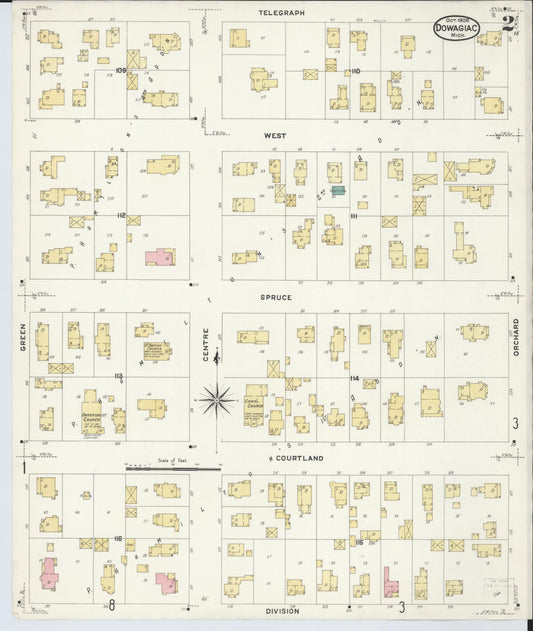Sanborn Fire Insurance Map from Dowagiac, Cass County, Michigan (1908), Sheet #0002 - Historic Sanborn Fire Insurance Map Print, vintage old map wall art, antique decor, genealogy gift, Michigan Michigan map
