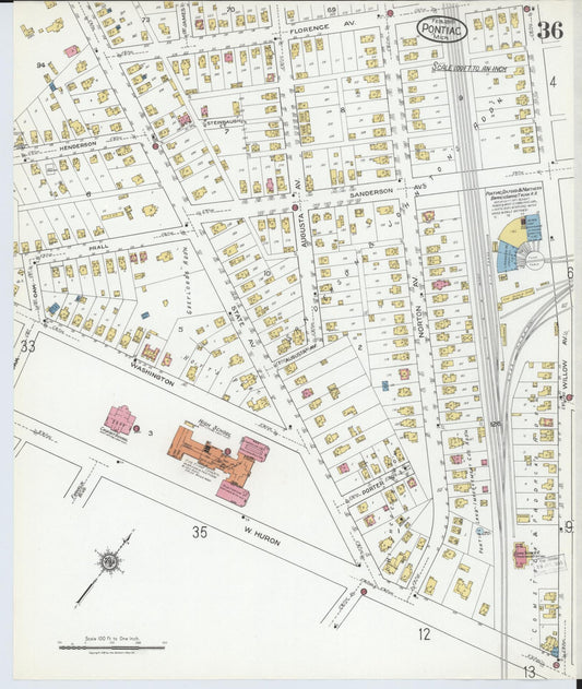 Sanborn Fire Insurance Map from Pontiac, Oakland County, Michigan (1919), Sheet #0036 - Historic Sanborn Fire Insurance Map Print, vintage old map wall art, antique decor, genealogy gift, Michigan Michigan map