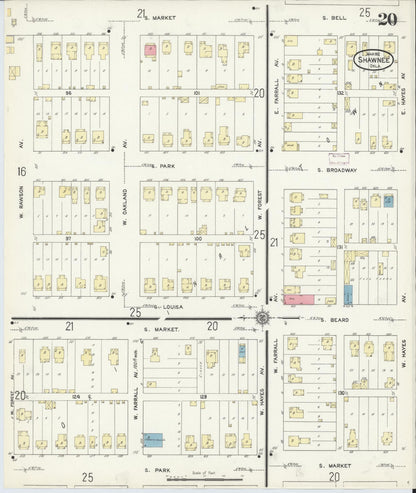 Sanborn Fire Insurance Map from Shawnee, Pottawatomie County, Oklahoma (1912), Sheet #0020 - Complete Map Set gallery image, historic Sanborn map, vintage wall art, Oklahoma Oklahoma