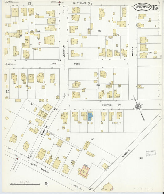 Sanborn Fire Insurance Map from Rocky Mount, Edgecombe And Nash Counties, North Carolina (1912), Sheet #0015 - Historic Sanborn Fire Insurance Map Print, vintage old map wall art, antique decor, genealogy gift, North Carolina North Carolina map