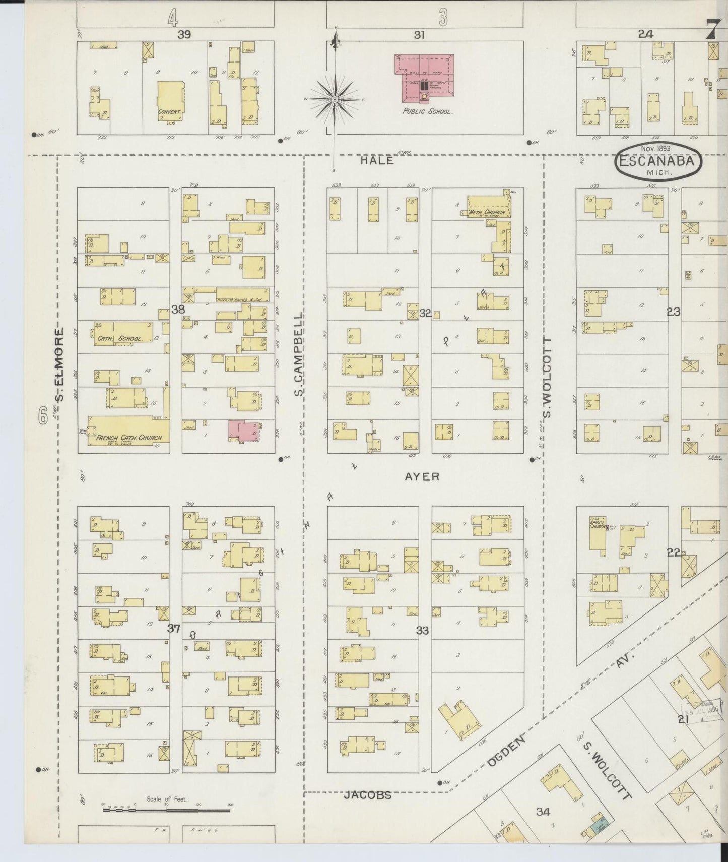 Sanborn Fire Insurance Map from Escanaba, Delta County, Michigan (1893), Sheet #0007 - Complete Map Set gallery image, historic Sanborn map, vintage wall art, Michigan Michigan