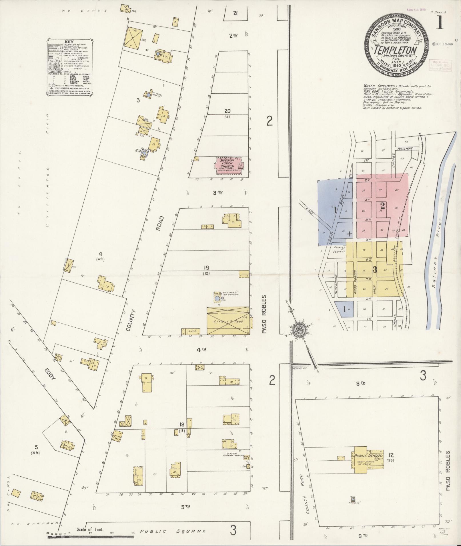 Sanborn Fire Insurance Map from Templeton, San Luis Obispo County, California (1910), Sheet #0001 - Complete Map Set gallery image, historic Sanborn map, vintage wall art, California California