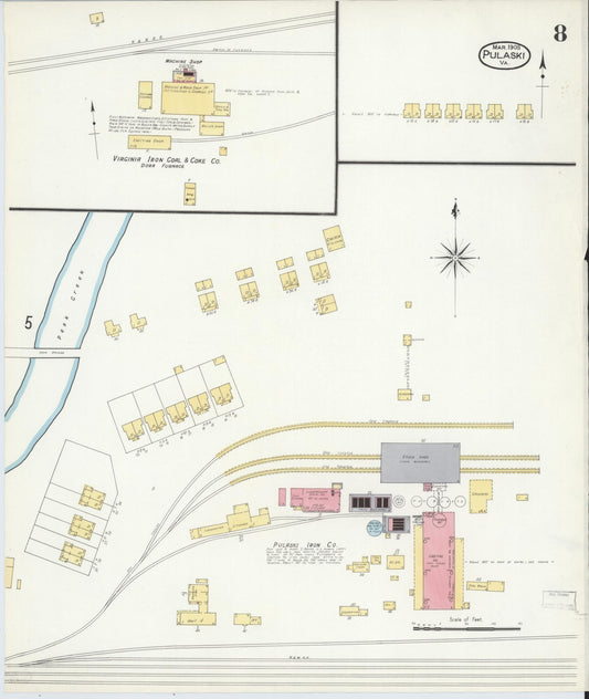 Sanborn Fire Insurance Map from Pulaski, Pulaski County, Virginia (1908), Sheet #0008 - Historic Sanborn Fire Insurance Map Print, vintage old map wall art, antique decor, genealogy gift, Virginia Virginia map