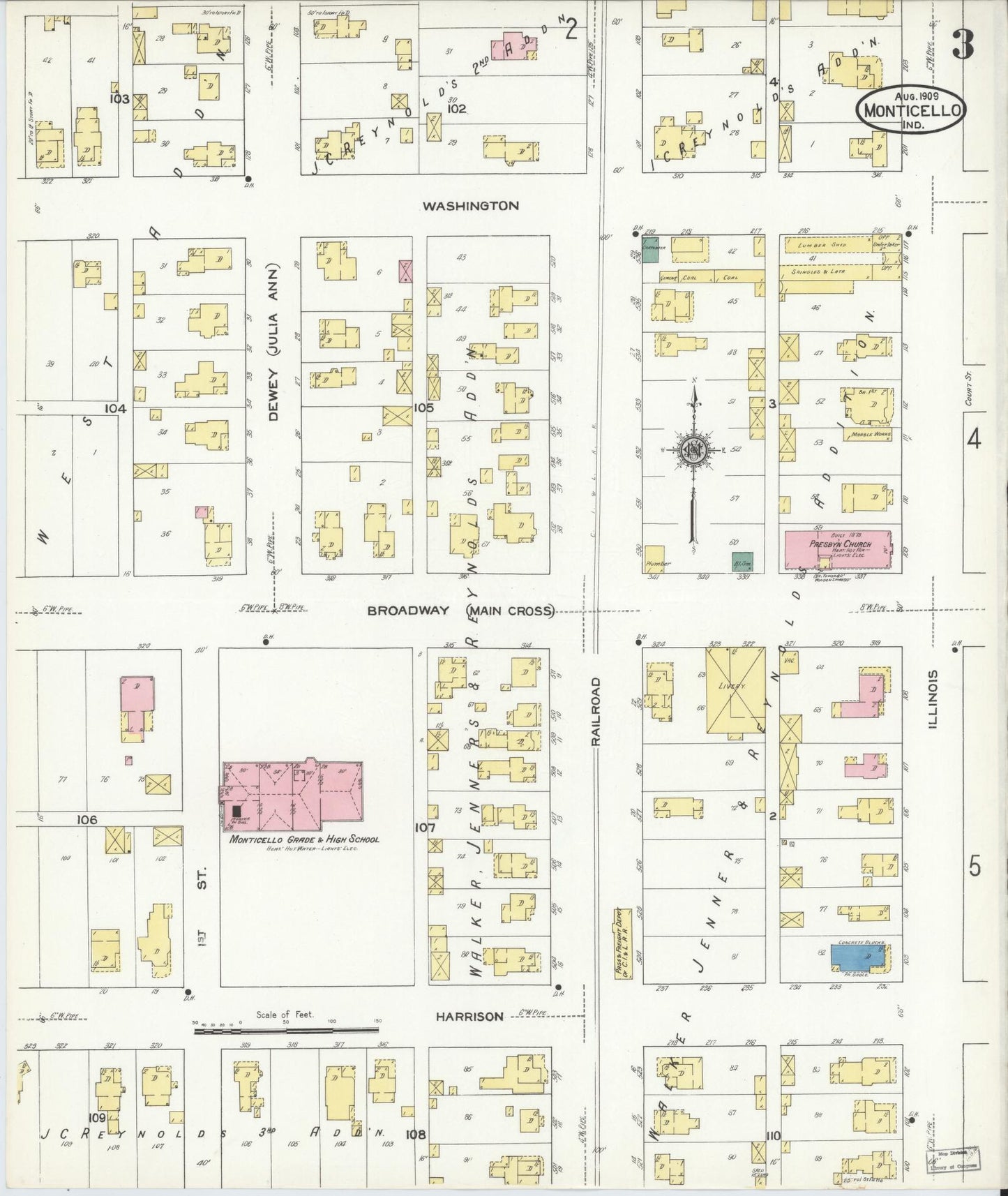 Sanborn Fire Insurance Map from Monticello, White County, Indiana (1909), Sheet #0003 - Complete Map Set gallery image, historic Sanborn map, vintage wall art, Indiana Indiana