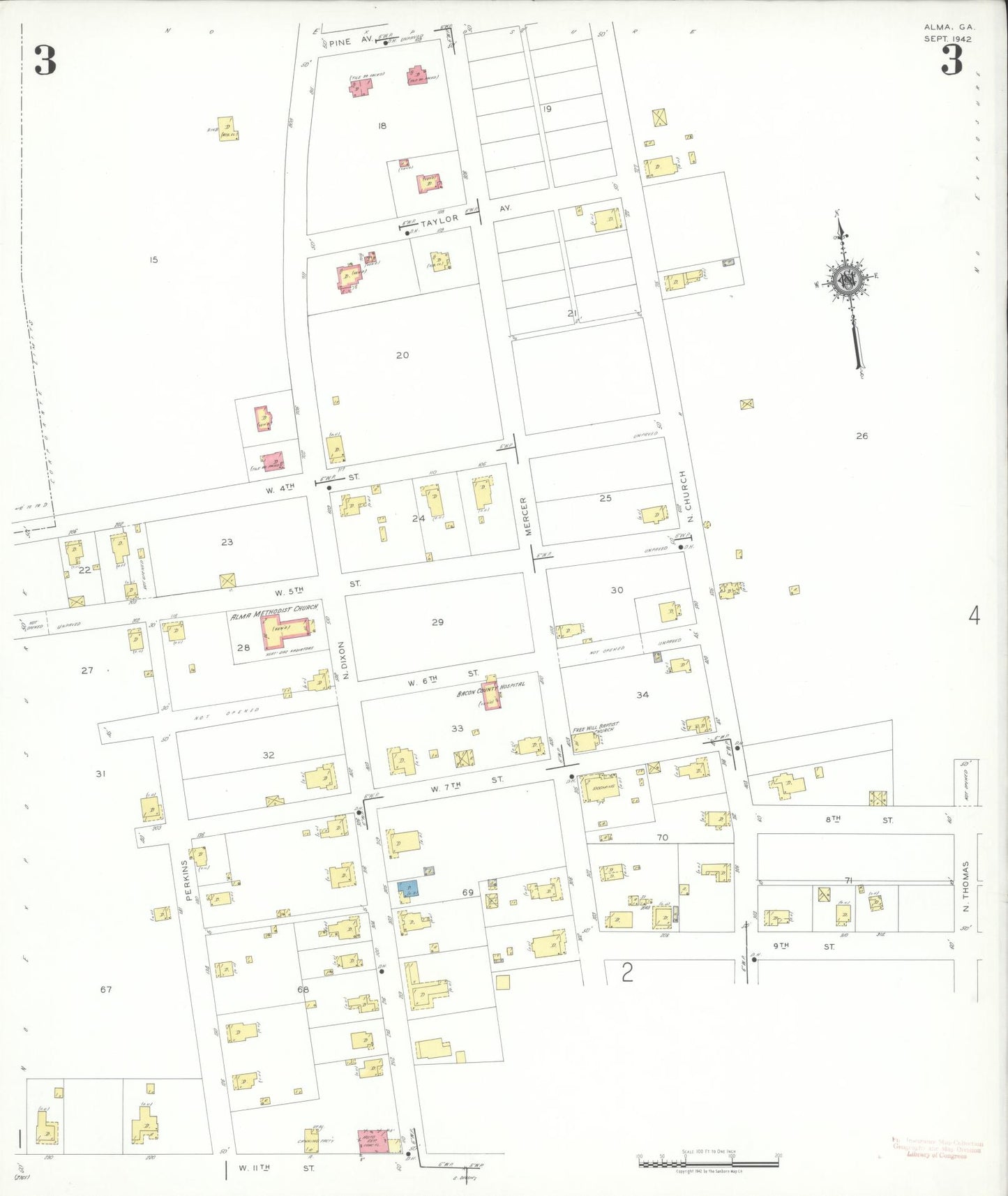 Sanborn Fire Insurance Map from Alma, Bacon County, Georgia (1942), Sheet #0003 - Complete Map Set gallery image, historic Sanborn map, vintage wall art, Georgia Georgia