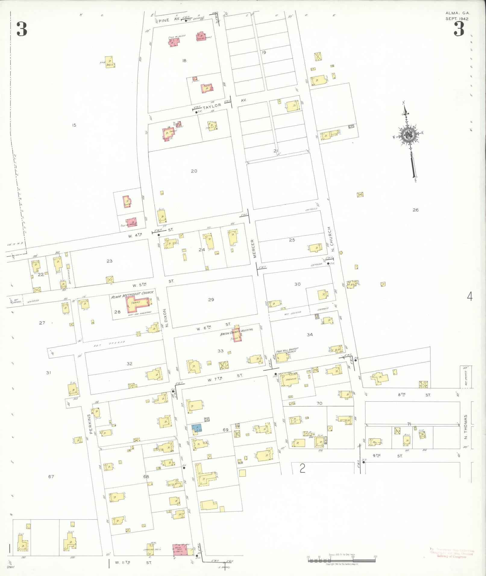 Sanborn Fire Insurance Map from Alma, Bacon County, Georgia (1942), Sheet #0003 - Complete Map Set gallery image, historic Sanborn map, vintage wall art, Georgia Georgia